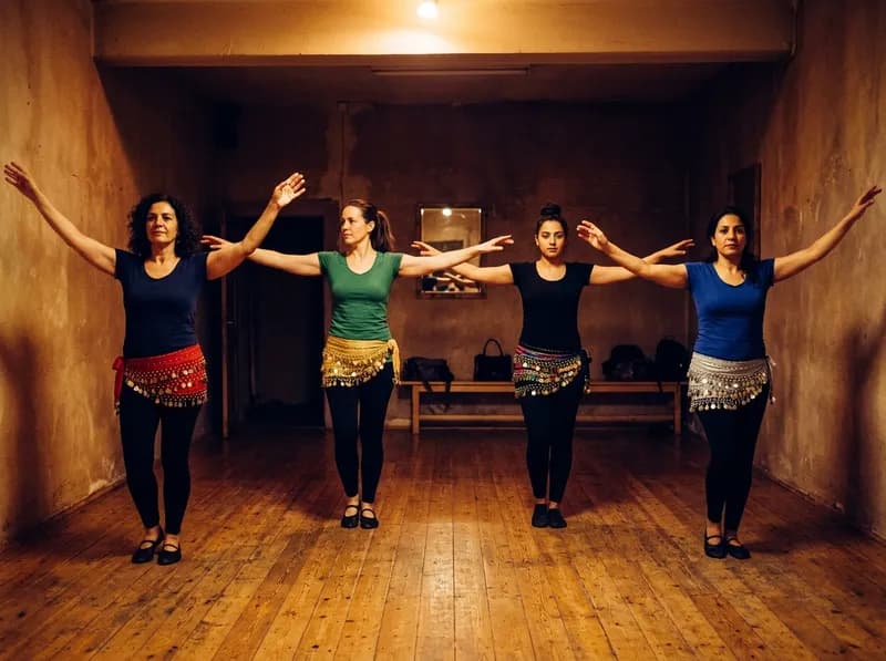 Uma aula de Dança do Ventre no estúdio